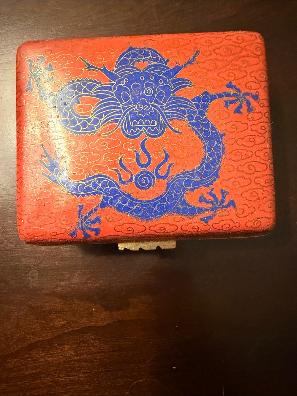 Antique Chinese Export Cloisonné Dragon Trinket Box - Republic Period Red Enamel